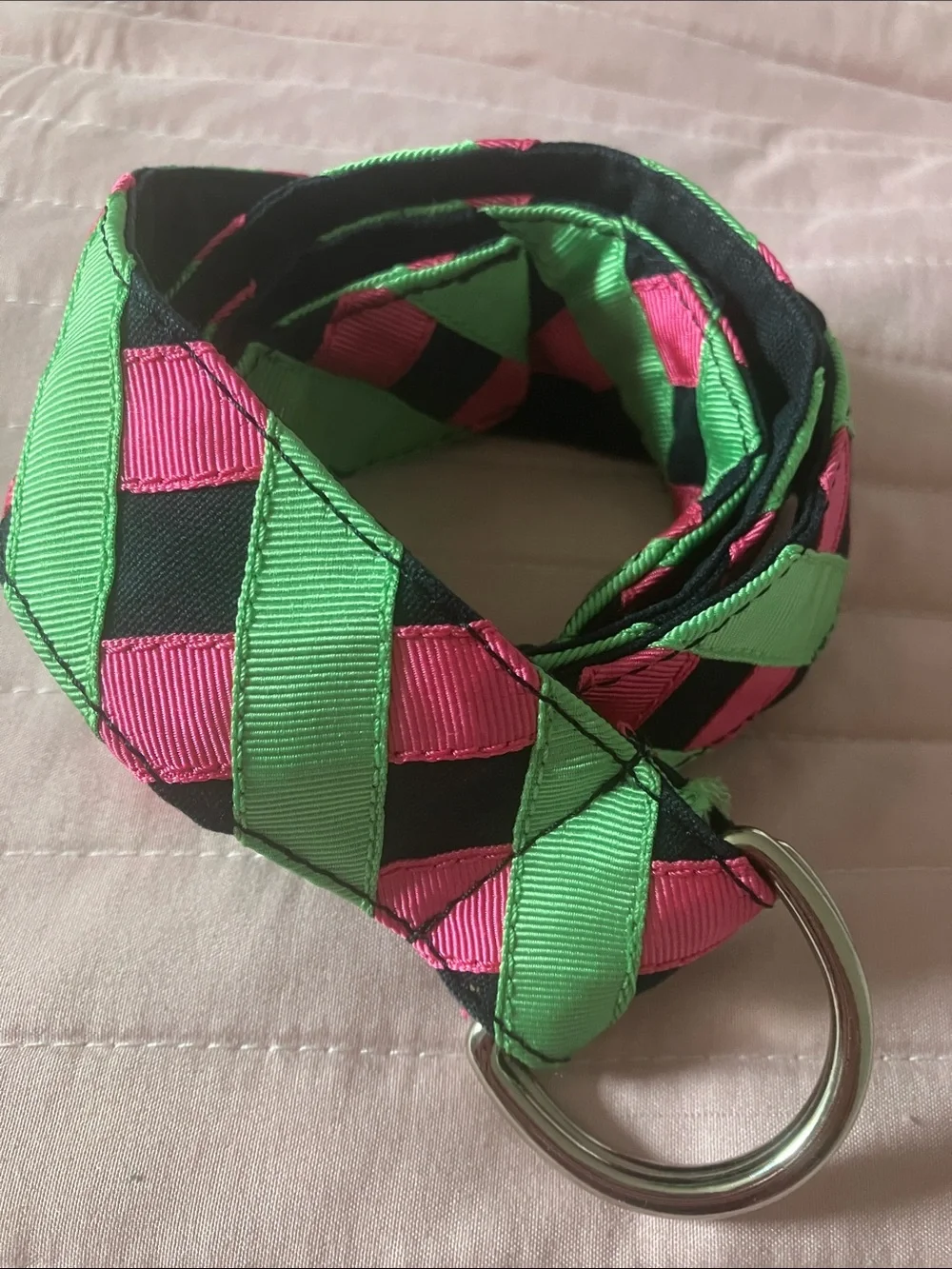 Super preppy green & pink grosgrain ribbon belt M